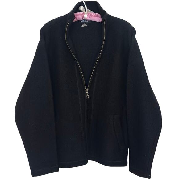 Patagonia Womens M Black 100% Wool Boucle Full Zip Jacket Knit Sweater Cozy Fall - Picture 1 of 9
